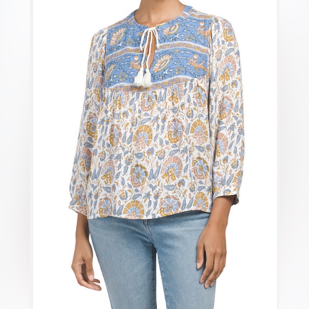 Lucky Brand Evelyn Peasant Blue and White Floral Boho Tassel Blouse Size S/M